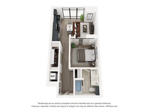 Floor plan for 1 bed, 1 bath, 611 sqft